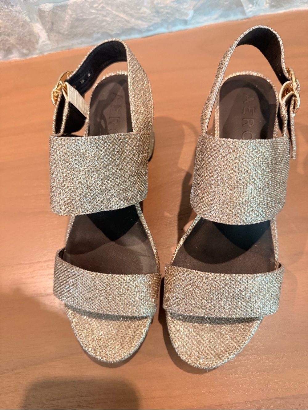 AEROSOLES Metallic Champagne Block Heel Sandals - Picture 4 of 8